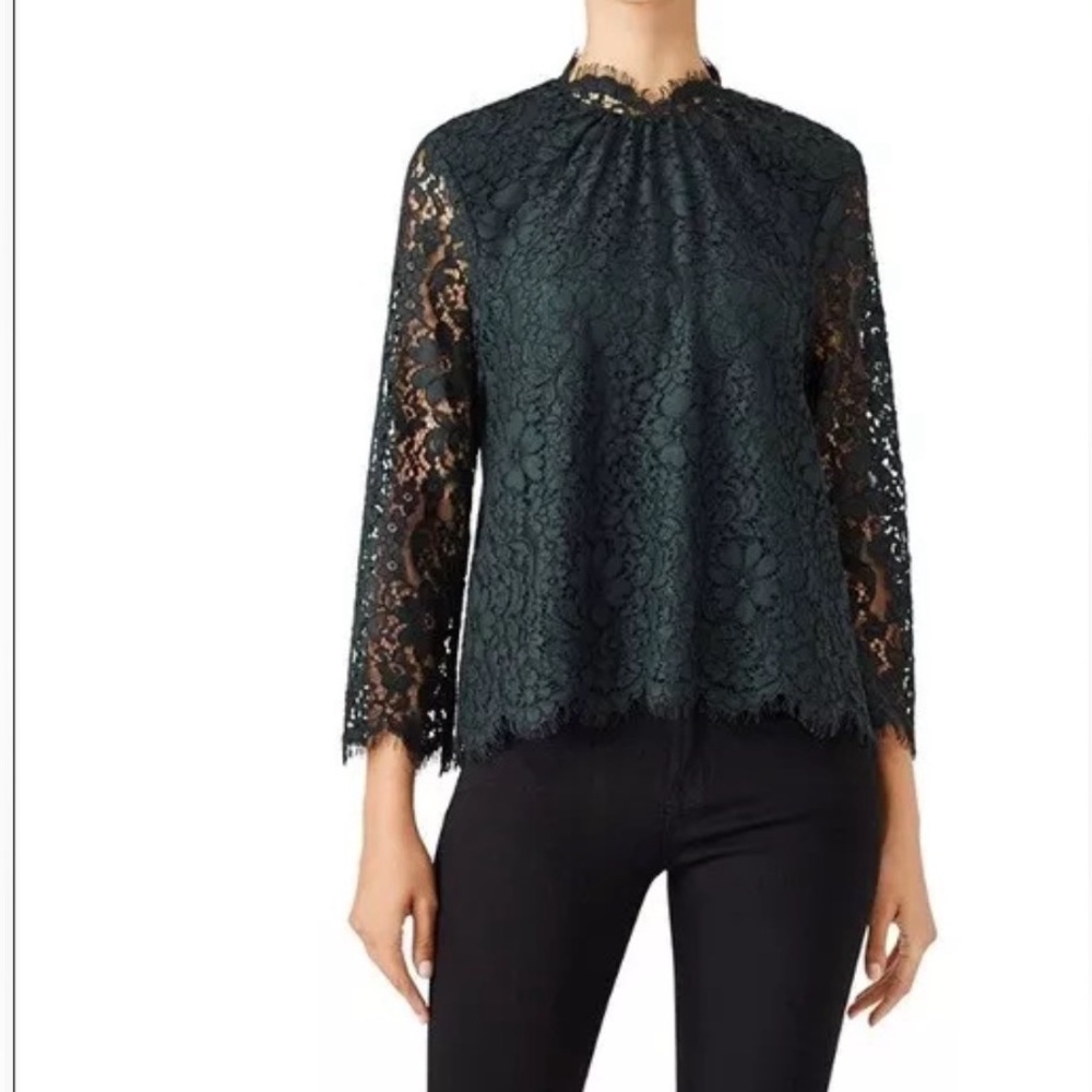 Joie Frayda Lace Blouse Dark Emerald Green Button Back Fully Lined Size M